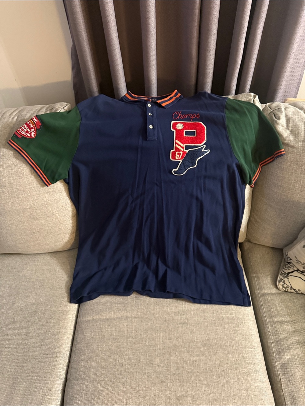 Ralph Lauren Navy Polo with Green Sleeves and Red Patch